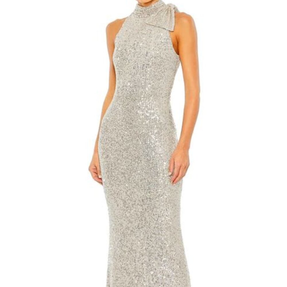Mac Duggal Silver Sequin High-Neck Maxi Gown